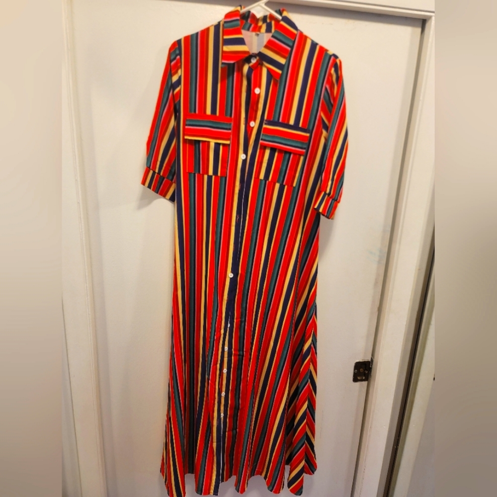 Long Multicolored striped maxi button-down dress